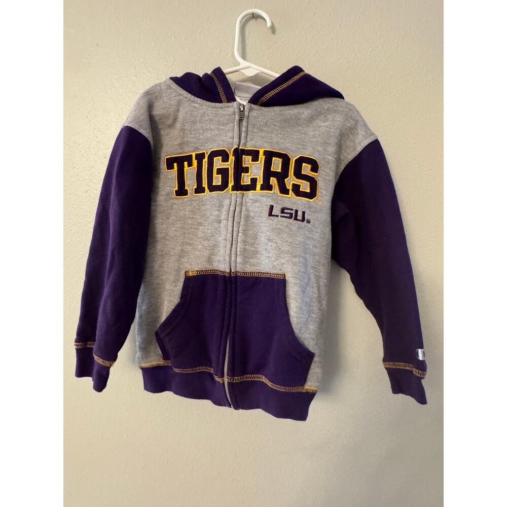 Champion Tigers LSU front zip hoodie grey purple yellow kids small/ 4